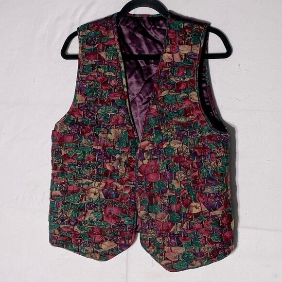 Vintage Jackets & Blazers - Vintage Handmade Woven Festive Print Vest with Purple Satin Back L
